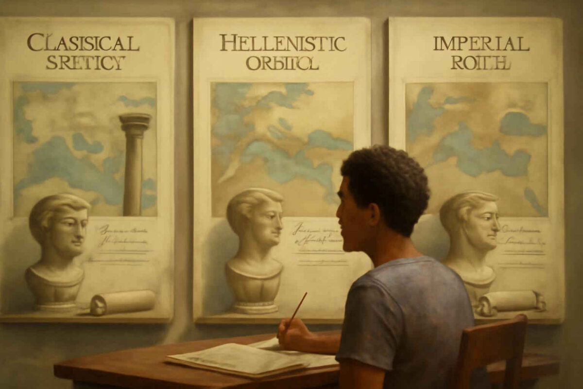 Como diferenciar helenismo, Grécia Clássica e Roma Imperial em provas e redações sem confundir cultura, poder e expansão