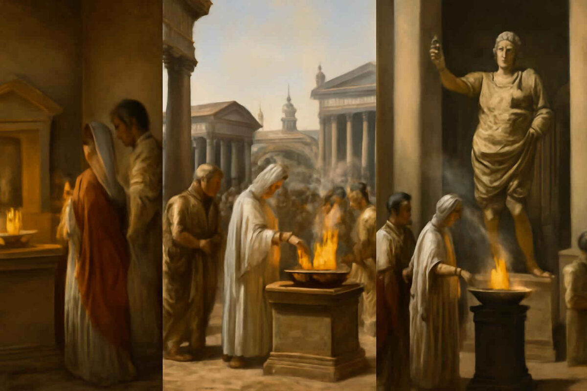 Como diferenciar culto imperial, religião cívica e culto doméstico em Roma Antiga sem confundir lealdade política, prática pública e devoção familiar